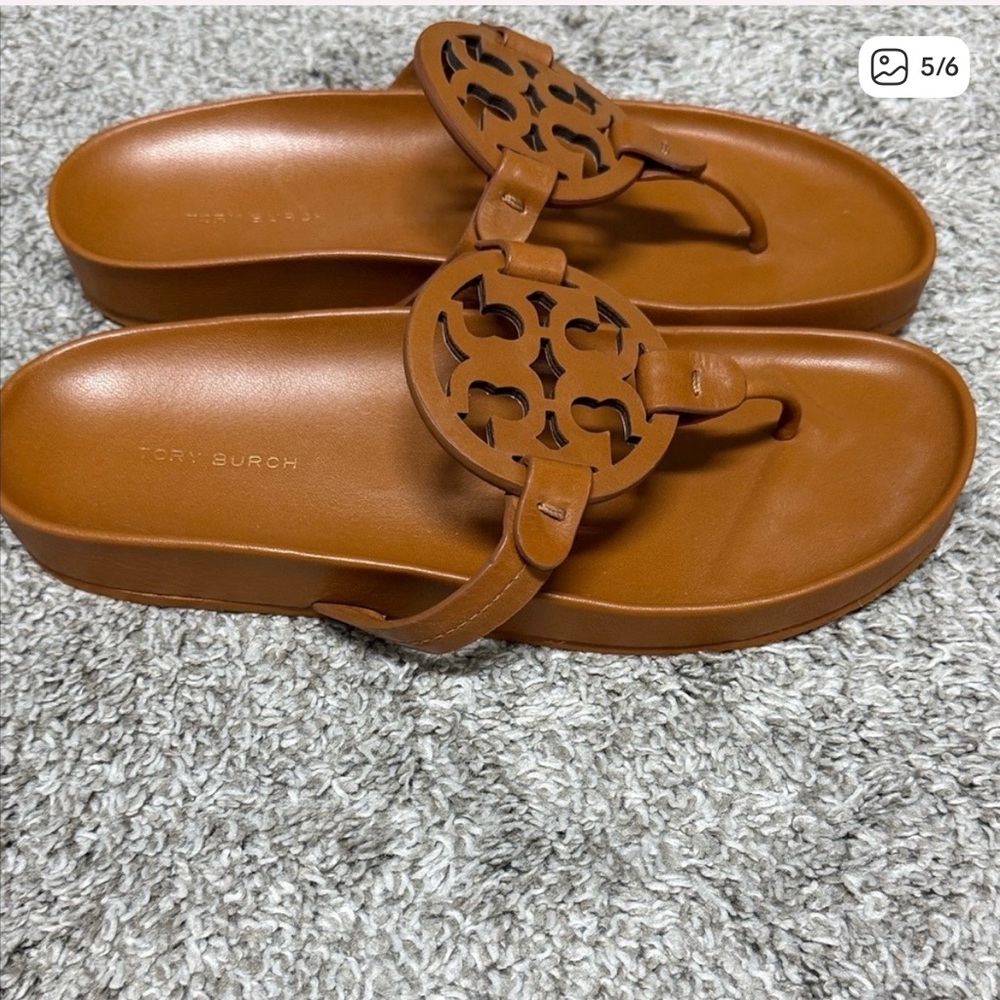 Tory Burch Cognac Leather Platform Thong Sandals with Logo Medallions